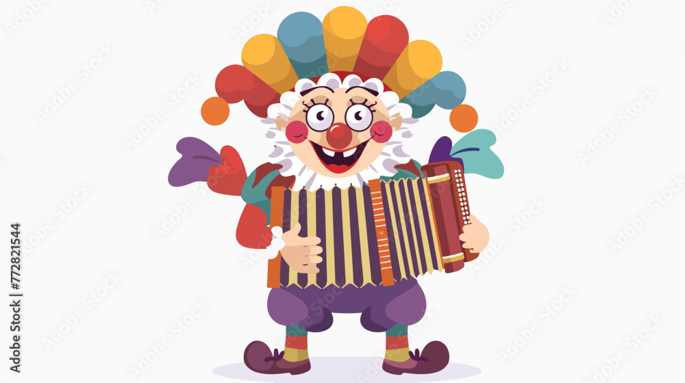 Cartoon happy clown playing accordion flat vector isolated
