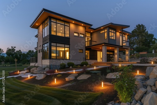 twostory modern home with led path lights at dusk photo