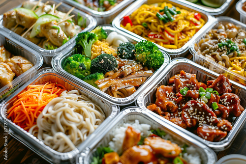 Assorted Asian cuisine in takeout containers, vibrant color, natural light