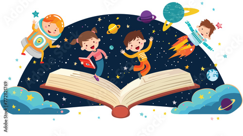 Cartoon happy kids flying on a book in outer space flat