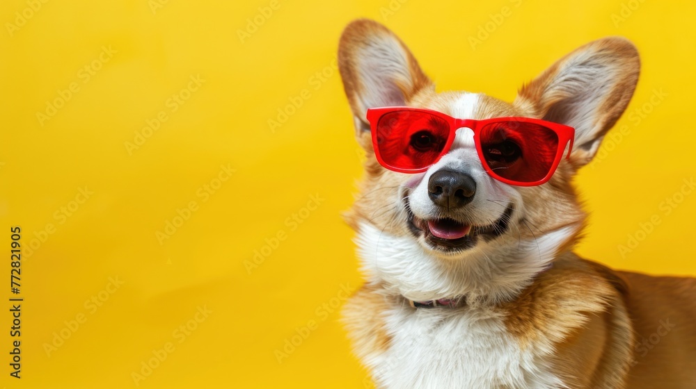 Stylish Corgi Radiating Charm in Chic Red Sunglasses - Generative AI Stylish Corgi Radiating Charm in Chic Red Sunglasses - Generative AI