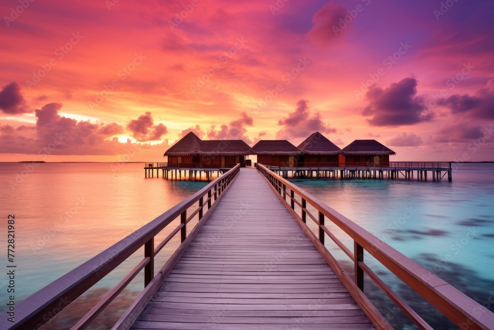 Wooden jetty at sunset in tropical  island with water bungalows An amazing sunset landscape Picturesque summer sunset , Ai generated - obrazy, fototapety, plakaty 
