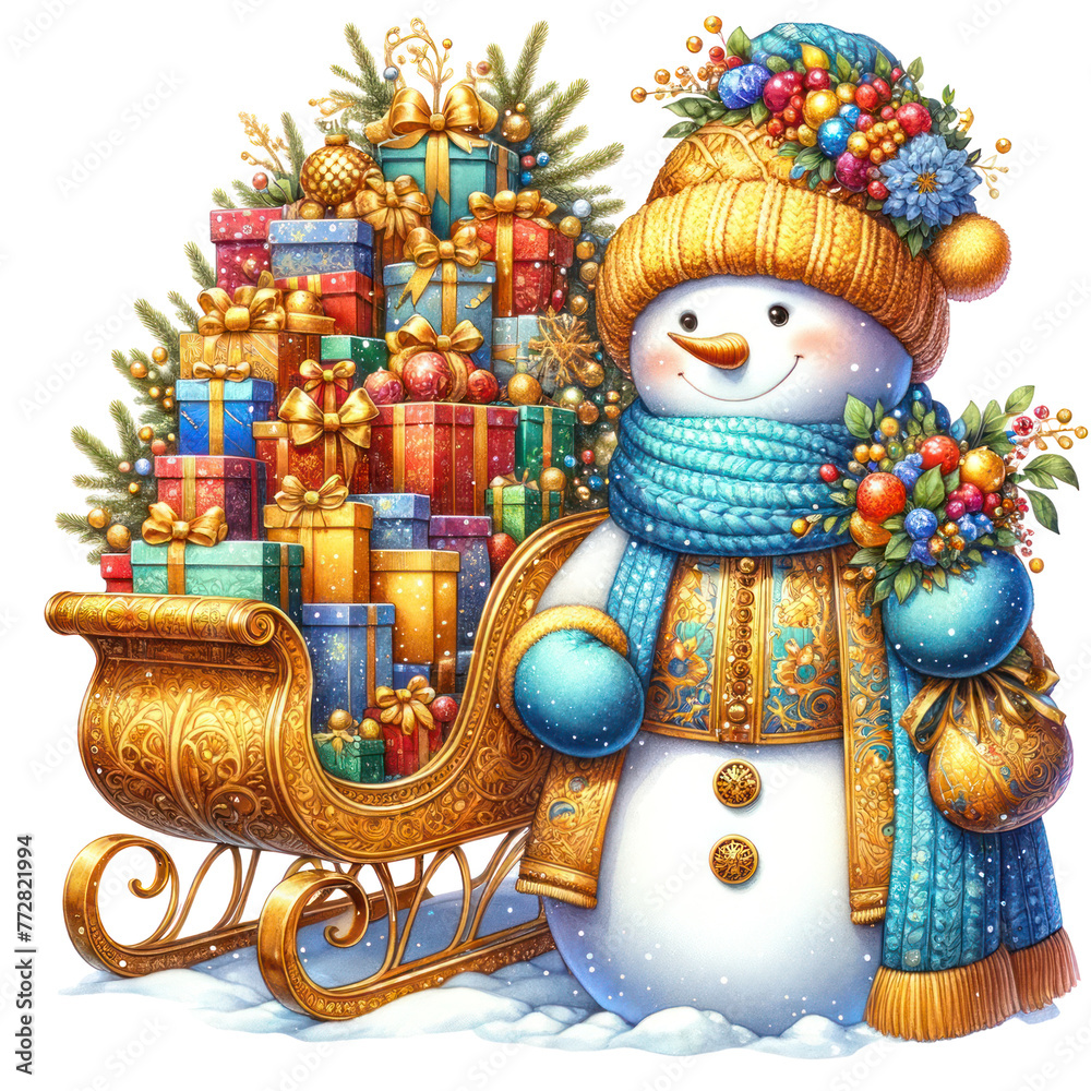 A snowman is pulling a sled full of presents. The snowman is wearing a blue scarf and a hat