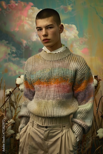 Elegant portrait with surreal backdrop. Portraiture of a young person with a surreal pastel cloud background, wearing a stylish sweater