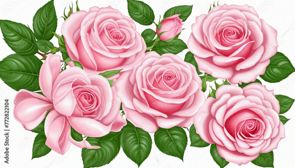 Set of delicate pink roses, bows and leaves isolated on white background colorful background