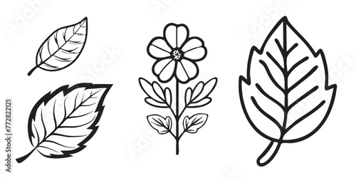 Set of silhouettes or Set of leaves and flowers. Vector illustration in doodle style.
