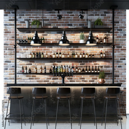 3D Render of a trendy urban bar with exposed brick walls and industrial lighting fixtures, on isolated white background, Generative AI