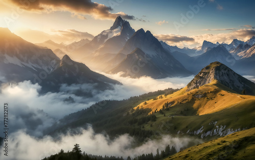 Magnifique paysage de montagnes dans la brume, jolie lumière, matinée ensoleillée photo