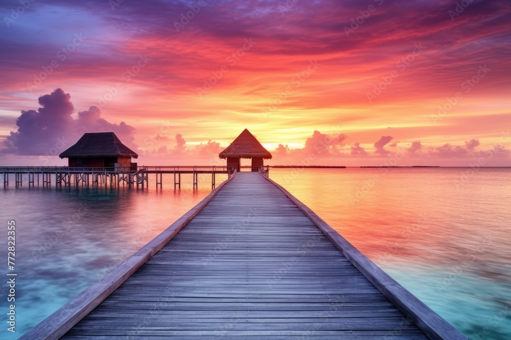 Wooden jetty at sunset in tropical  island with water bungalows An amazing sunset landscape Picturesque summer sunset , Ai generated