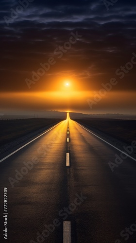 A long road with a sun in the sky