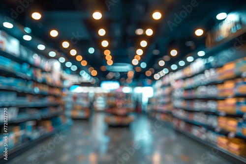 Blurry drugstore interior background with defocused lights,  photo