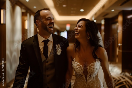 couple laughing while walking to their room in a hotel aisle
