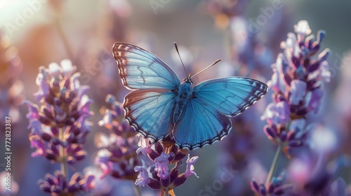 Blue butterfly on purple flowers