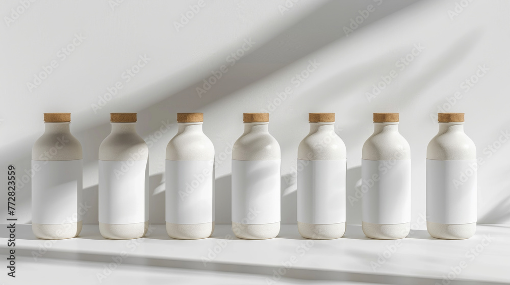 A neat row of white milk bottles with cork caps casting long shadows in bright, natural light A neat row of white milk bottles with cork caps casting long shadows in bright, natural light