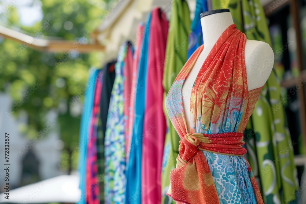 Fototapeta premium wrap summer dress on mannequin with colorful scarves