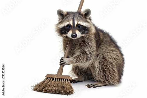 Cheerful raccoon tidying apartment with mini broom, isolated on white photo