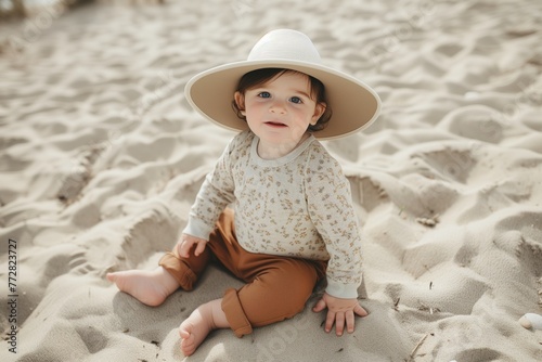 toddler wearing a widebrim sun hat sitting on sand photo