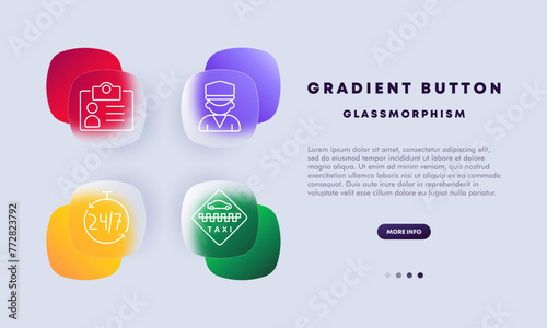 Taxi icon set. ID card, passport, data, face photo, silhouette, taxi driver, uniform, hat, 24 hour work, taxi, car. Transportation service concept. Glassmorphism style.