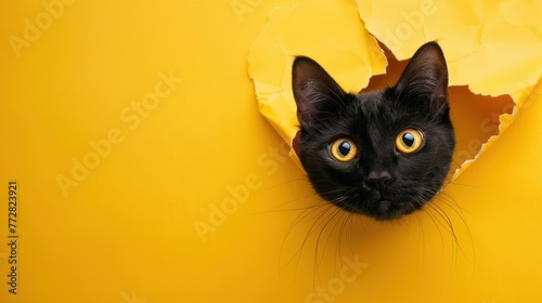 Curiosity Framed: Black Cat Peeking Through a Bright Yellow Tear Generative AI