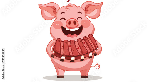 Cartoon pig holding meat ribs flat vector isolated on