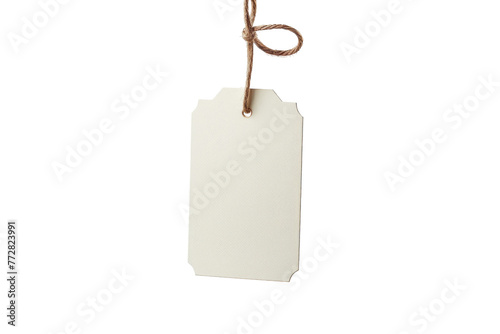 White Tag Hanging From Rope on White Background