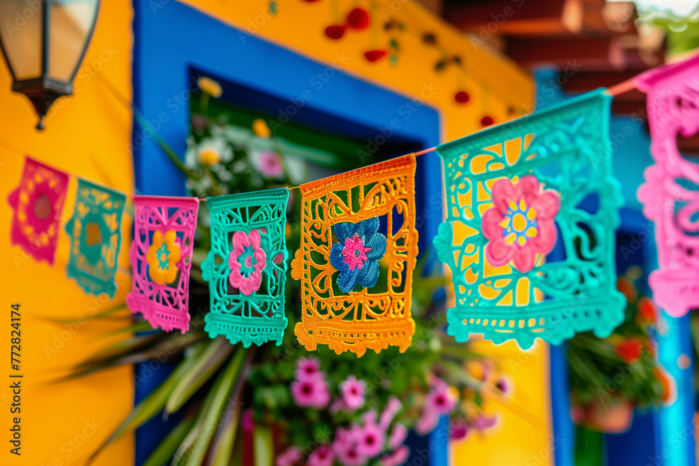 Cinco de Mayo colorful traditional picado, vivid display, 