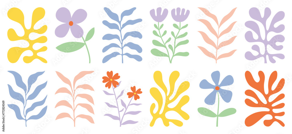 Fototapeta premium Botanical doodle background vector set. Flower and leaves abstract shape doodle art design for print, wallpaper, clipart, wall art for home decoration.
