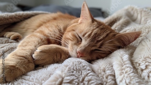 Dreamy Repose: A Ginger Cat's Tranquil Slumber on Soft Blanket Generative AI