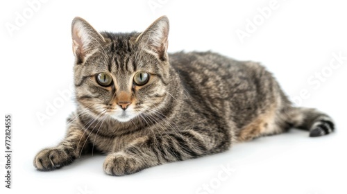 Poised Tabby Cat Sitting Elegantly Against a Pure White Backdrop Generative AI