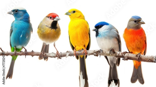 Diverse Avian Parade: A Colorful Line-Up of Songbirds Captured Generative AI photo