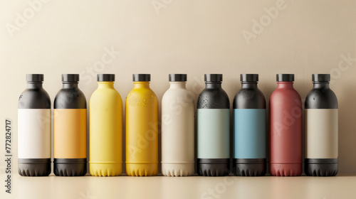 A vibrant array of matte-finished, multi-colored spray bottles aligned against a neutral background
