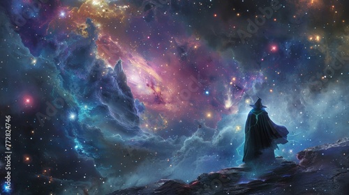 Mystical sorcerer gazing at a cosmic nebula photo