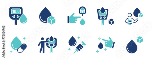 blood sugar glucose diagnosis icon vector set diabetes treatment health check measurement with dropped blood signs illustration for web and app