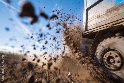 mud chunk in midflight behind accelerating truck photo
