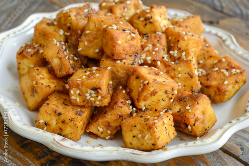 Fried tofu with sesame seeds and spices