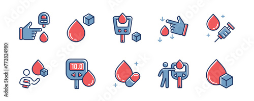 collection of blood sugar glucose measurement icon vector set diabetes treatment health check glucometer dropped blood signs illustration