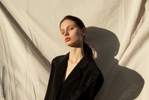 fashion model in minimalist attire on a seamless backdrop