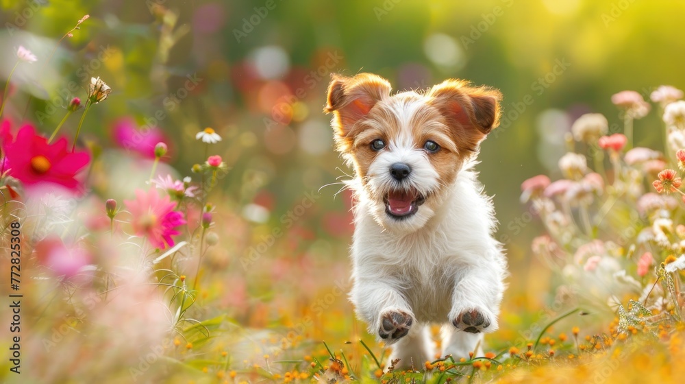 Joyful Puppy Frolic: A Lively Dash Amongst Summer Blooms - Generative AI Joyful Puppy Frolic: A Lively Dash Amongst Summer Blooms - Generative AI