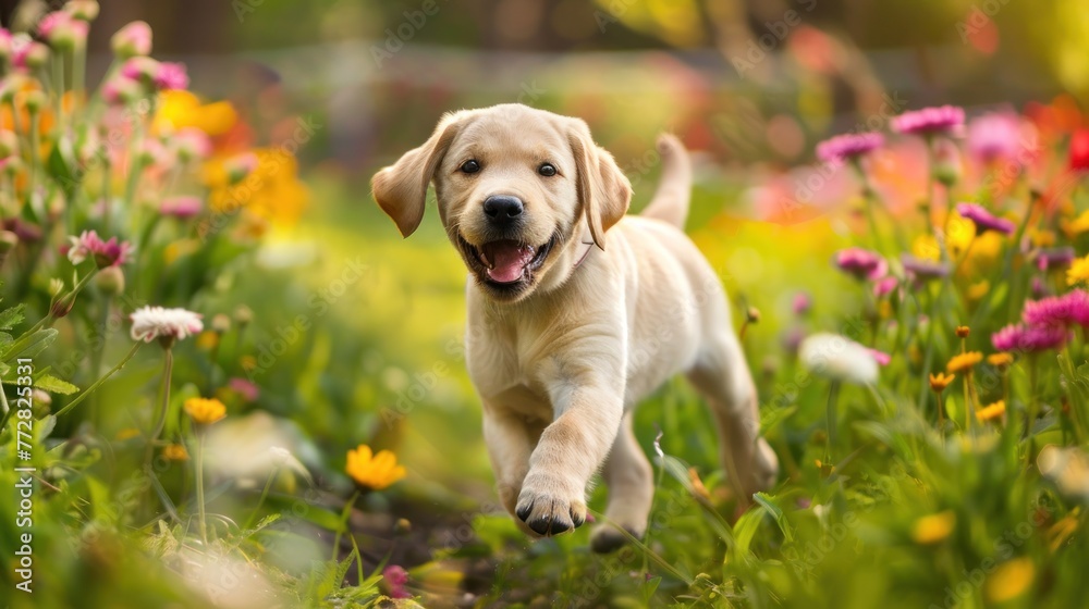 Joyful Puppy Frolic: A Lively Dash Amongst Summer Blooms - Generative AI Joyful Puppy Frolic: A Lively Dash Amongst Summer Blooms - Generative AI
