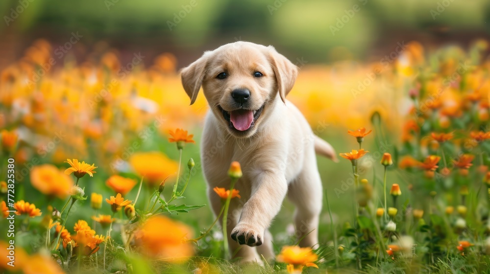 Joyful Puppy Frolic: A Lively Dash Amongst Summer Blooms - Generative AI