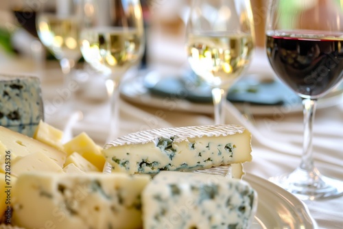 closeup of a cheese platter paired with wine glasses on a table