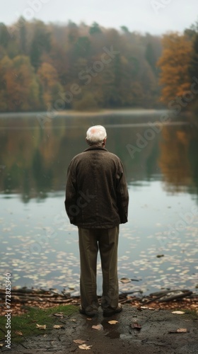 Elderly man looking out over a tranquil lake in autumn