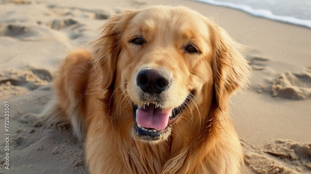 Golden Retriever Relishes Seashore Serenity as Sun Sets - Generative AI Golden Retriever Relishes Seashore Serenity as Sun Sets - Generative AI