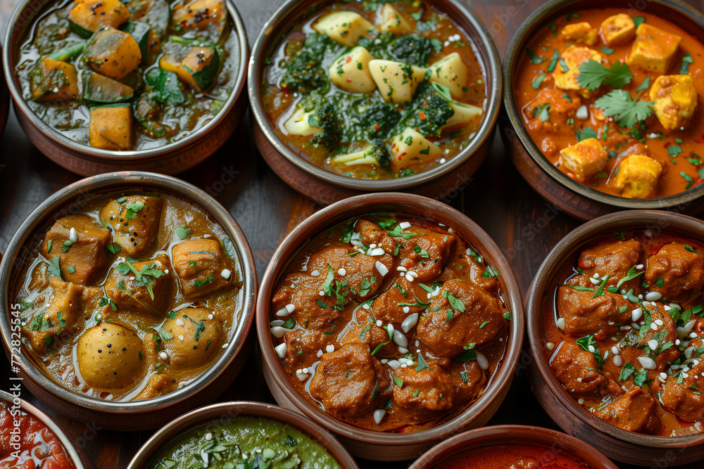 Close-up image of assorted Indian curry selection Close-up image of assorted Indian curry selection