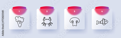 Products set icon. Fish, crab, seafood, cut mushroom, broccoli, delicacy, unusual food, scales, fins, health care, diet, numbering. Healthy eating concept. Glassmorphism style.