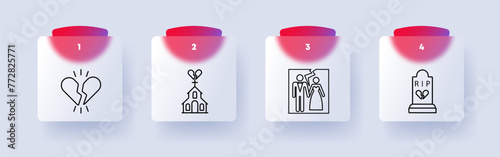 Breaking up icon set. Broken heart, church, house of God, photo card, schism, disintegration, grave, end, divorce, numbering. Relationship ending concept. Glassmorphism style.
