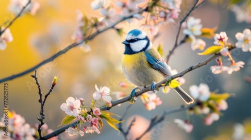 Spring Serenade: Blue Tit Perched Among Cherry Blossoms Generative AI photo