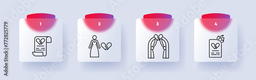Breaking up icon set. Broken heart, document, text, woman, dress, crown, fire, fire, schism, decay, end, divorce, numbering. Relationship ending concept. Glassmorphism style.