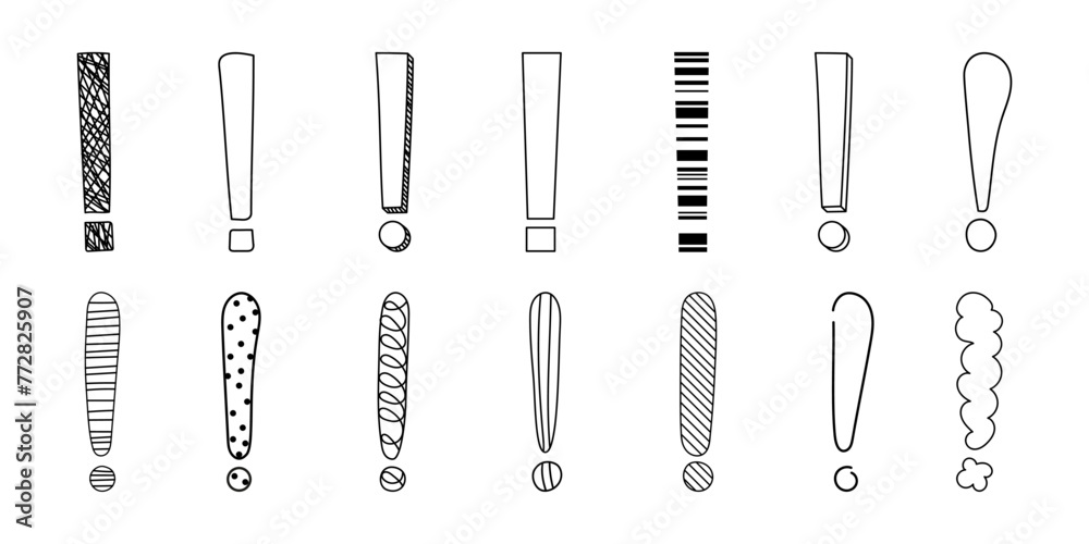 Doodle exclamation mark hand drawn sketch vector illustration set isolated on white background. Collection of various exclamation marks attention punctuation black and white freehand scribble symbols. Doodle exclamation mark hand drawn sketch vector illustration set isolated on white background. Collection of various exclamation marks attention punctuation black and white freehand scribble symbols.