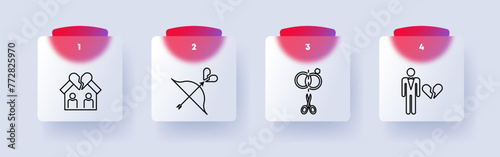 Breaking up icon set. Broken heart, house, cohabitation, bow, string, arrow, wedding rings, scissors, man, split, breakup, end, divorce, numbering. Relationship ending concept. Glassmorphism style.